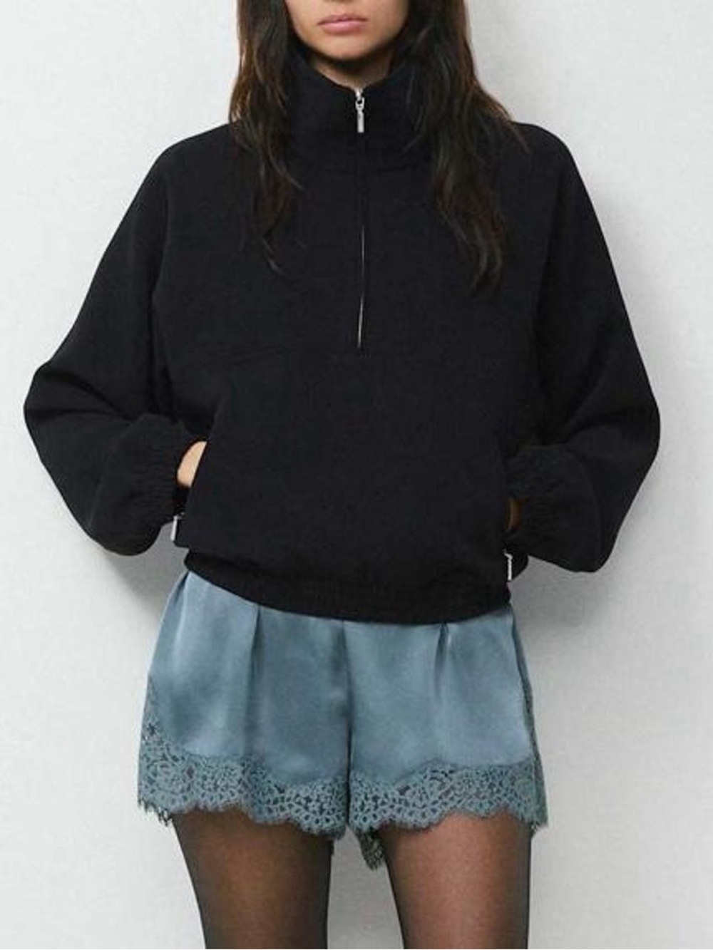 Aritzia Whimsy Satin Short. Double satin Shorts with Lace Trim in Blue Mirage.